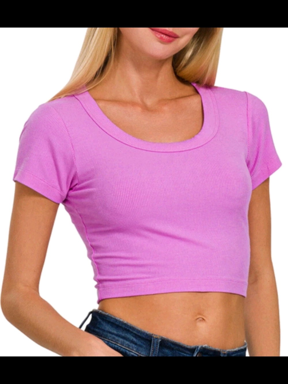 Zenana Ribbed Knit Scoop Neck Short Sleeve Cropped Top Bright MAUVE